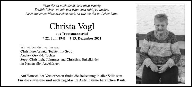 Traueranzeige Christa Vogl