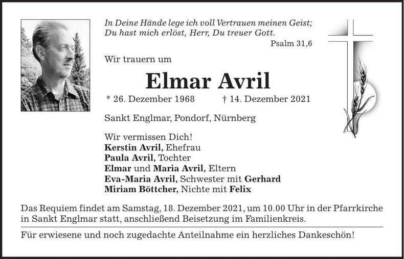 Traueranzeige Avril Elmar