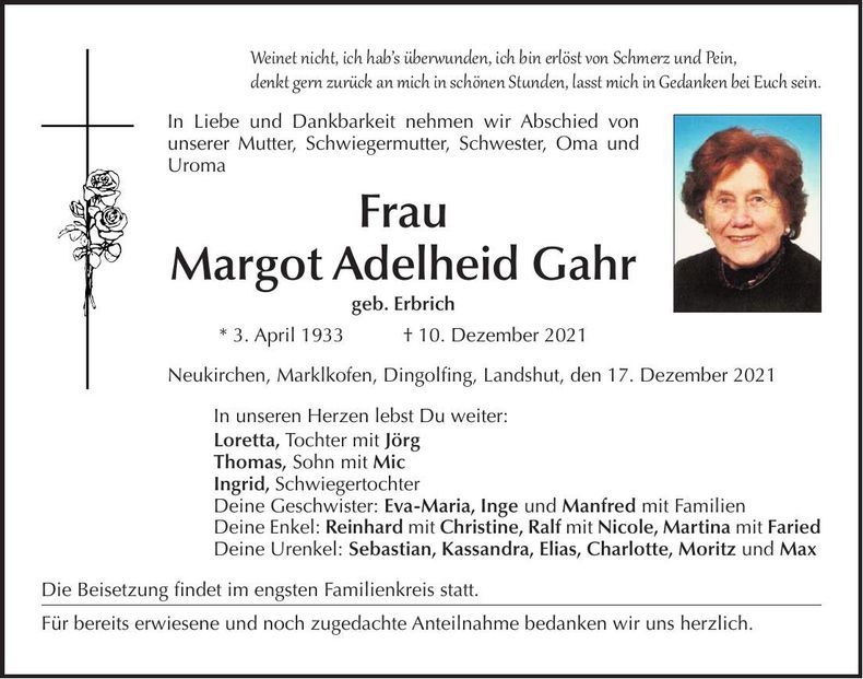Traueranzeige Margot Adelheid Gahr