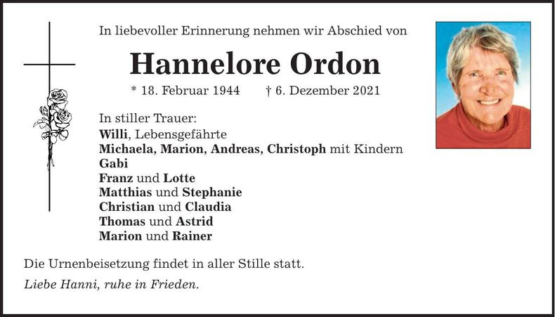 Traueranzeige Hannelore Ordon