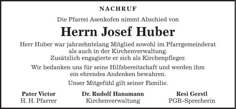 Traueranzeige Josef Huber