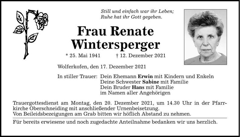 Traueranzeige Renate Wintersperger