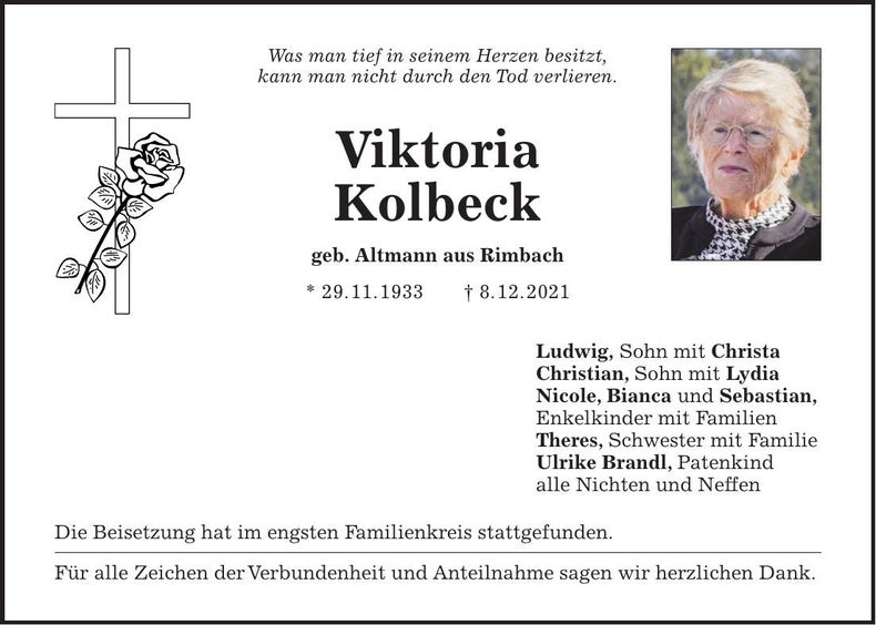 Traueranzeige Viktoria Kolbeck