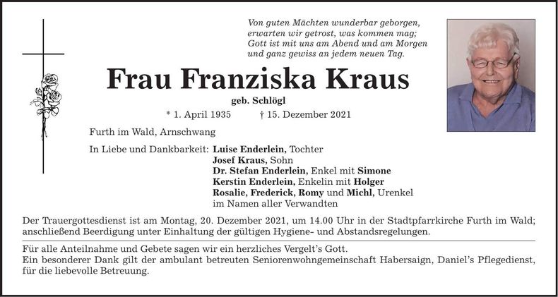 Traueranzeige Franziska Kraus