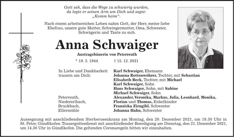 Traueranzeige Anna Schwaiger