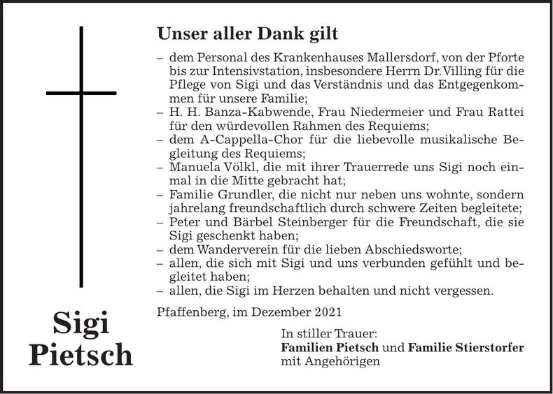 Traueranzeige Sigi Pietsch