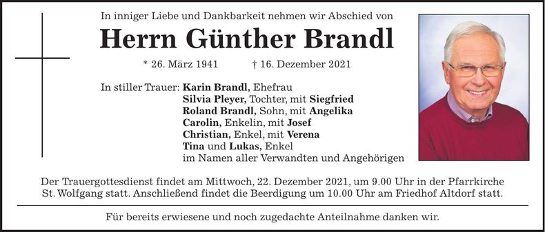 Traueranzeige Günther Brandl
