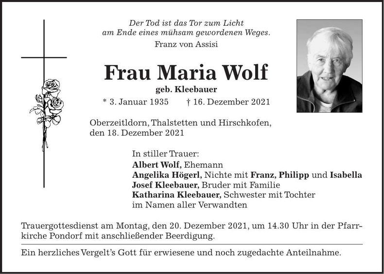 Traueranzeige Maria Wolf