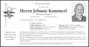 Traueranzeige Johann Kammerl