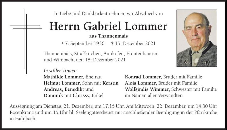 Traueranzeige Gabriel Lommer