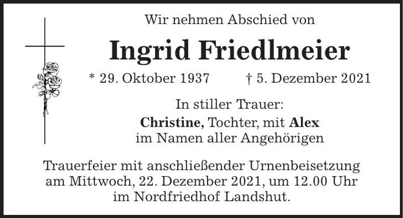 Traueranzeige Ingrid Friedlmeier