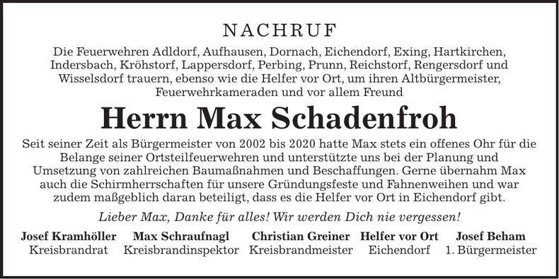 Traueranzeige Max Schadenfroh