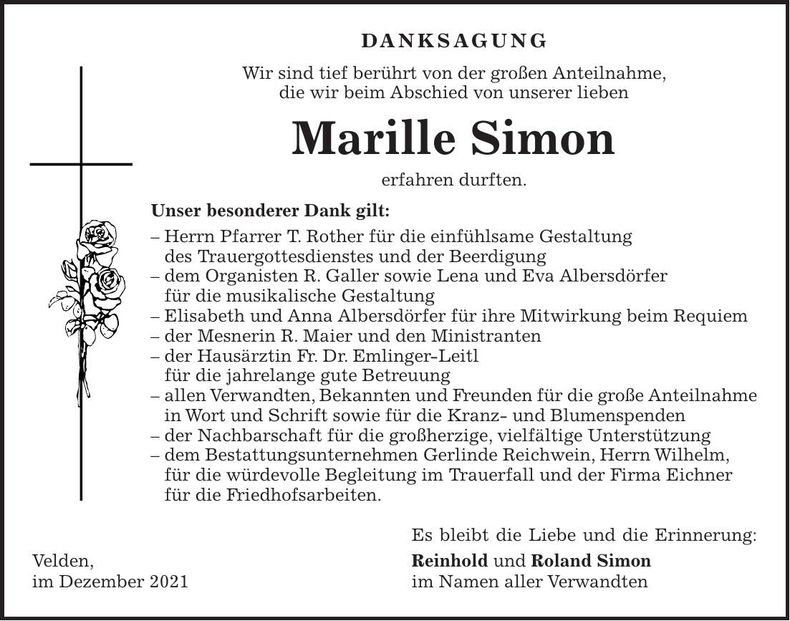 Traueranzeige Marille Simon