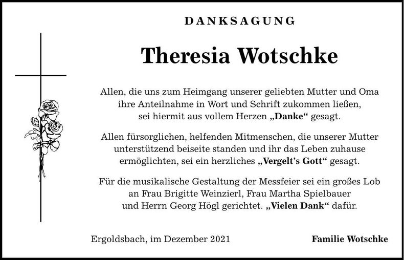Traueranzeige Theresia Wotschke
