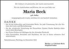 Traueranzeige Maria Beck