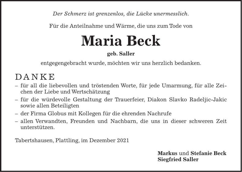Traueranzeige Maria Beck