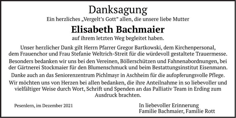 Traueranzeige Elisabeth Bachmaier
