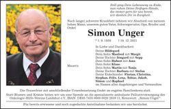 Traueranzeige Simon Unger