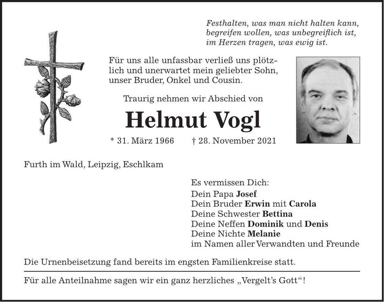 Traueranzeige Helmut Vogl