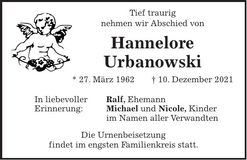 Traueranzeige Hannelore Urbanowski