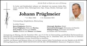 Traueranzeige Johann Prüglmeier