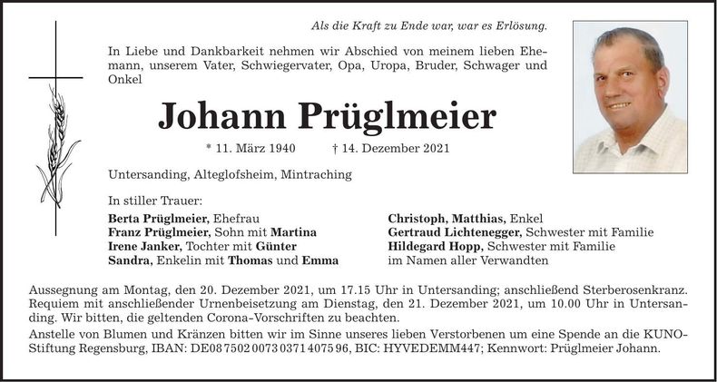 Traueranzeige Johann Prüglmeier