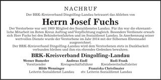 Traueranzeige Fuchs Josef