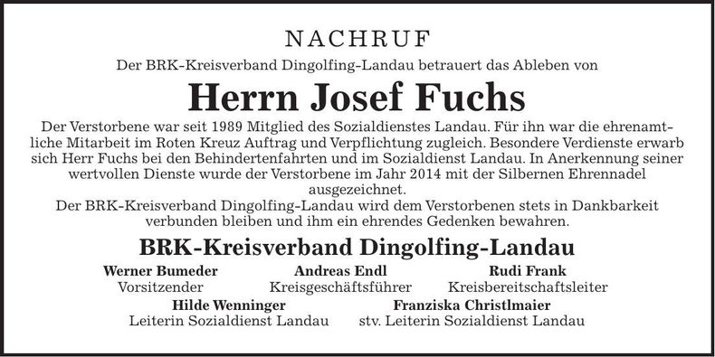 Traueranzeige Fuchs Josef