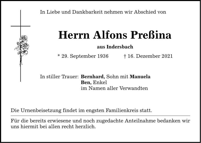 Traueranzeige Alfons Preßina