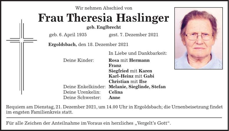 Traueranzeige Theresia Haslinger