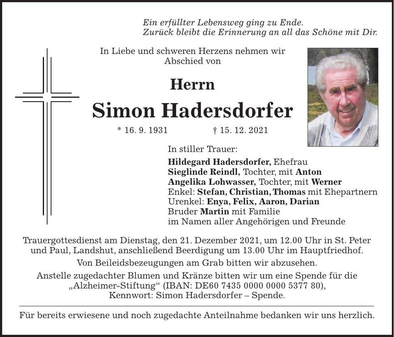 Traueranzeige Simon Hadersdorfer