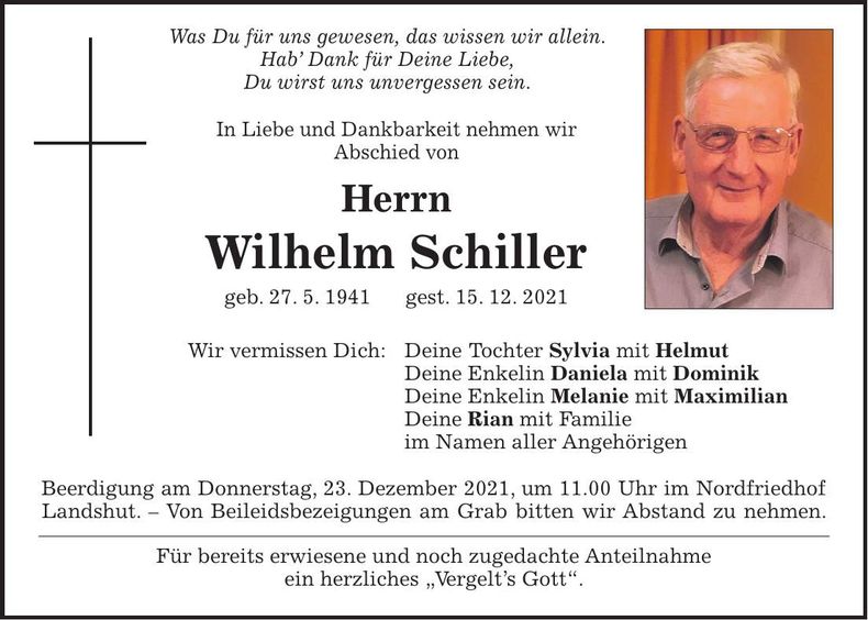 Traueranzeige Wilhelm Schiller