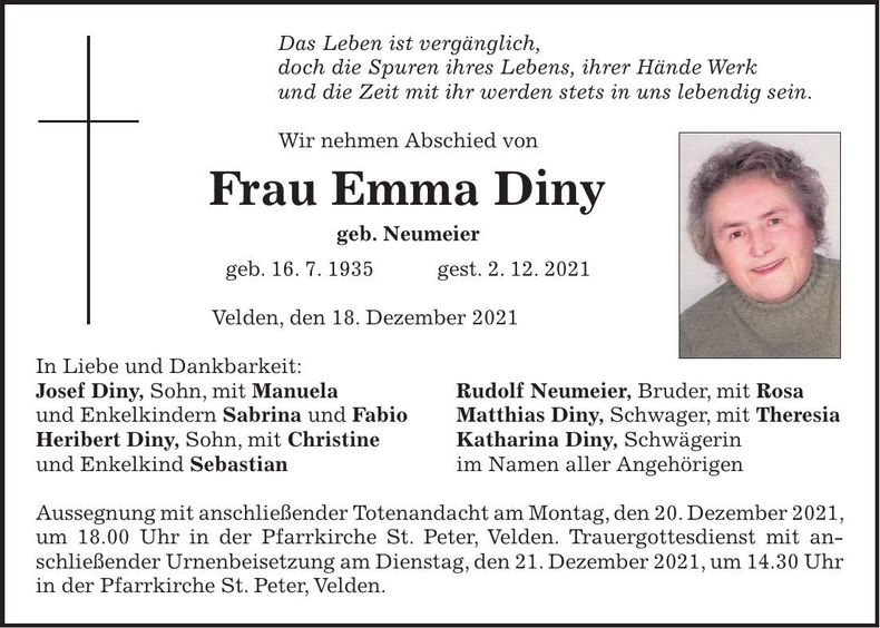 Traueranzeige Emma Diny