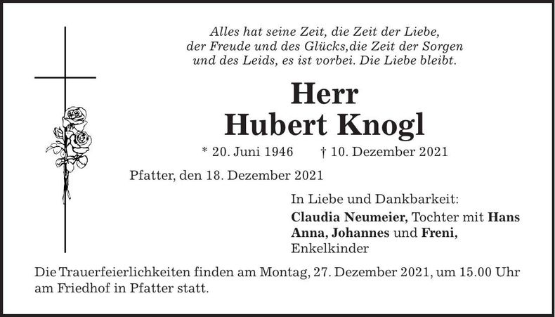 Traueranzeige Hubert Knogl