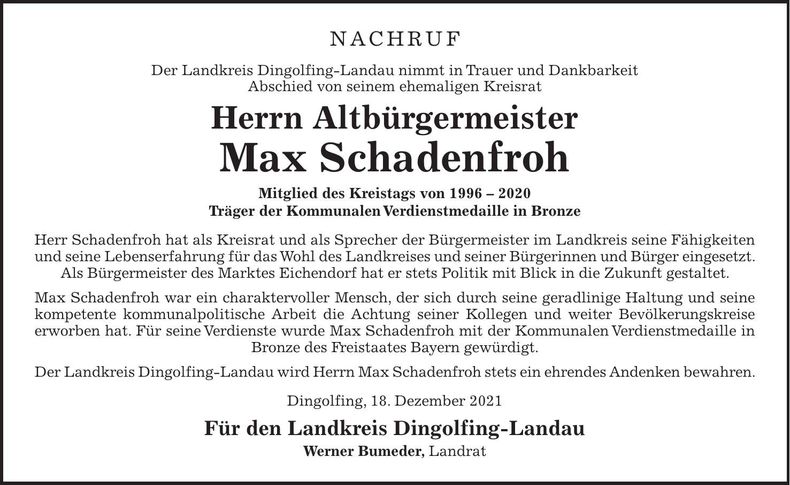 Traueranzeige Max Schadenfroh