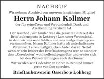 Traueranzeige Johann Kollmer