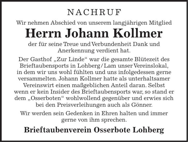 Traueranzeige Johann Kollmer