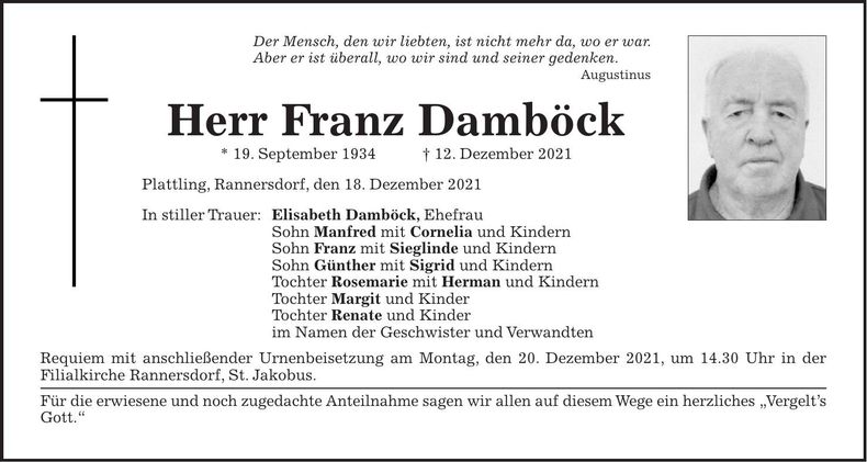 Traueranzeige Franz Damböck