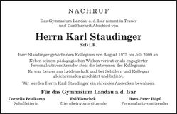 Traueranzeige Karl Staudinger