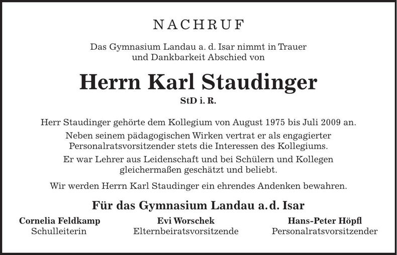 Traueranzeige Karl Staudinger