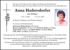 Traueranzeige Anna Hadersdorfer