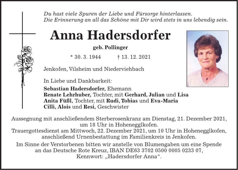 Traueranzeige Anna Hadersdorfer