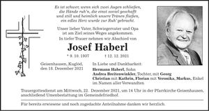 Traueranzeige Josef Haberl