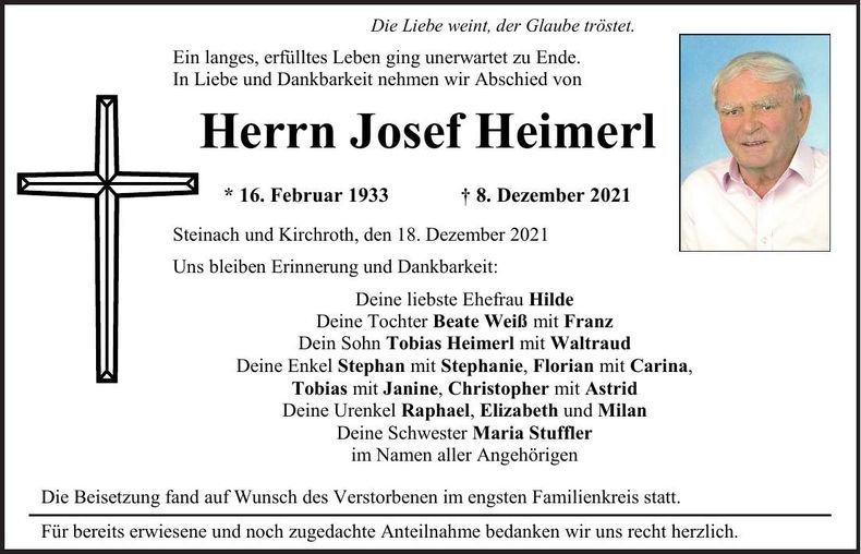 Traueranzeige Josef Heimerl