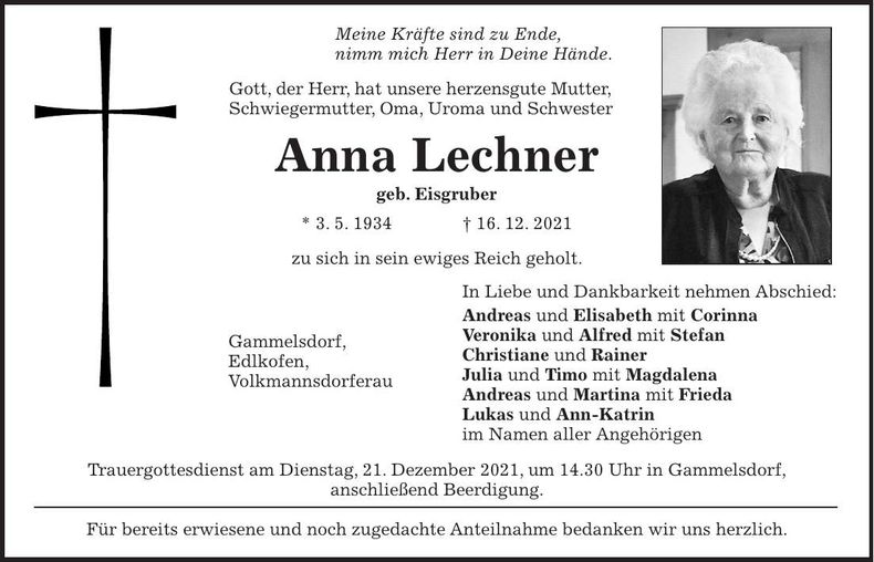 Traueranzeige Anna Lechner
