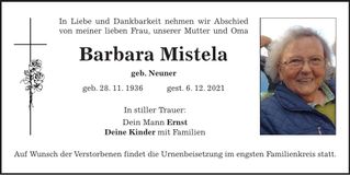 Traueranzeige Barbara Mistela