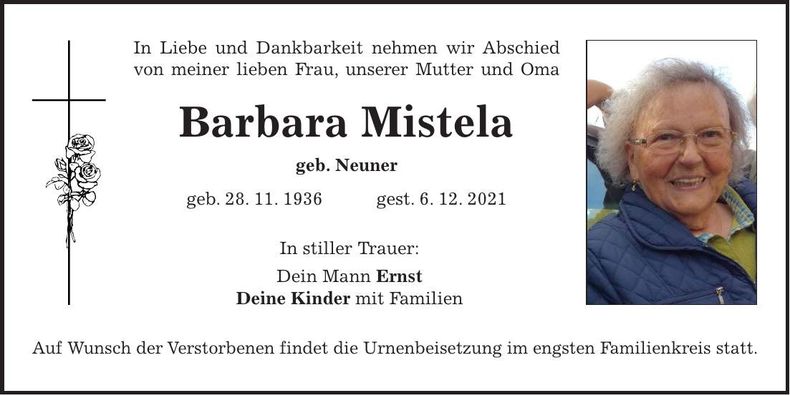 Traueranzeige Barbara Mistela