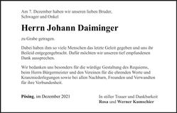 Traueranzeige Johann Daiminger