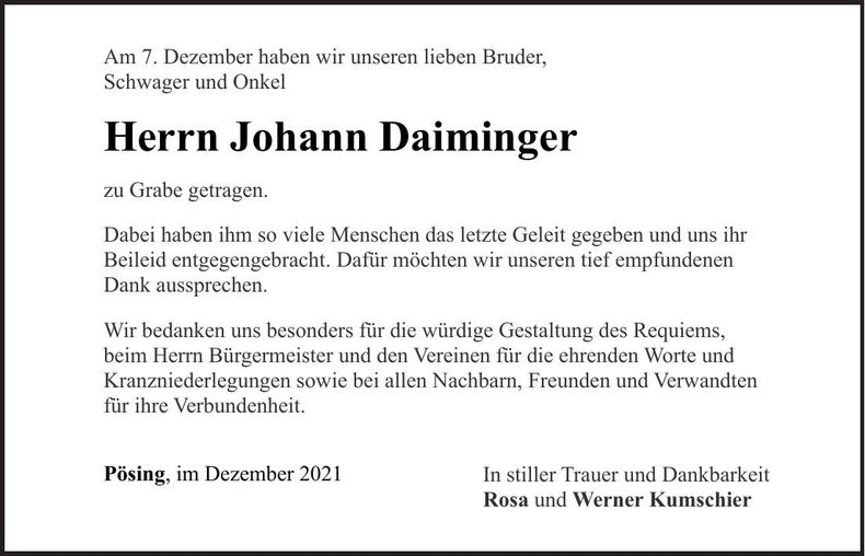 Traueranzeige Johann Daiminger