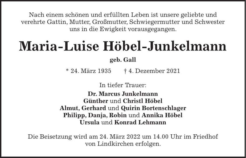 Traueranzeige Maria-Luise Höbel-Junkelmann